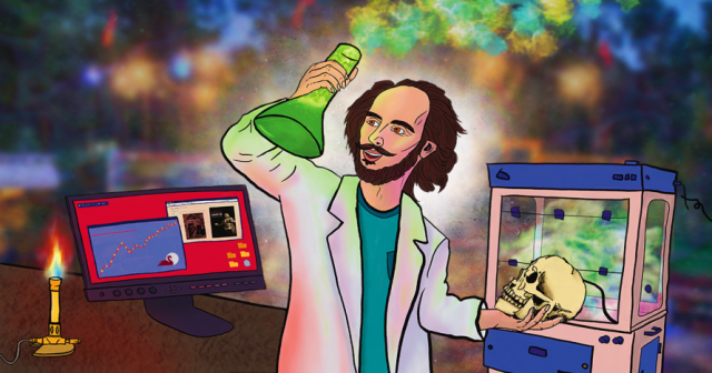Cartoon Shakespeare holding a beaker and a skull Cartoon Shakespeare holding a beaker and a skull