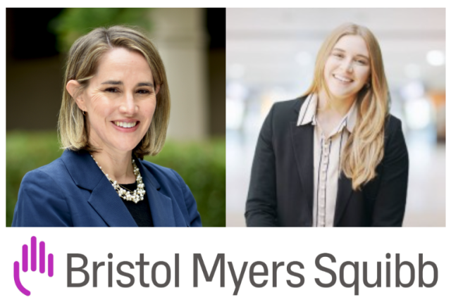 Sarah Reisman and Natalie Holmberg Douglas above Bristol Myers Squibb logo Sarah Reisman and Natalie Holmberg Douglas above Bristol Myers Squibb logo