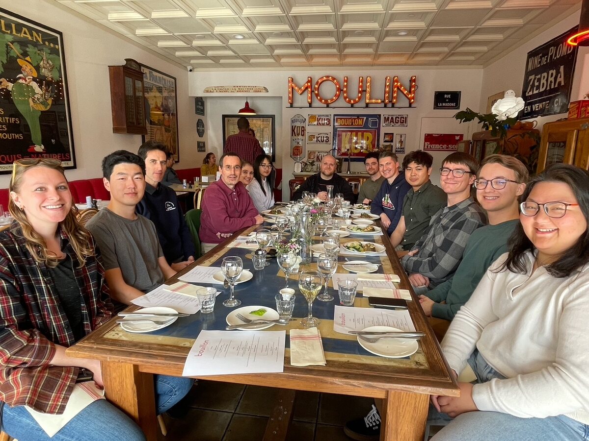 Group Lunch at Bouillon by Moulin in Newport Beach, CA to welcome new lab members - Sophie and Rath