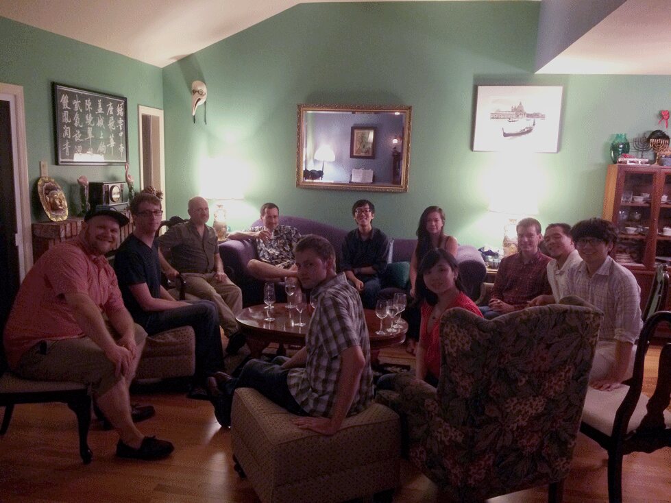 Summer Group Dinner at James's Clockwise from the Left : Adam, Patrick, John, James, Stan, Yilin, Mike, Kevin, Yang, Kelsey, Nick