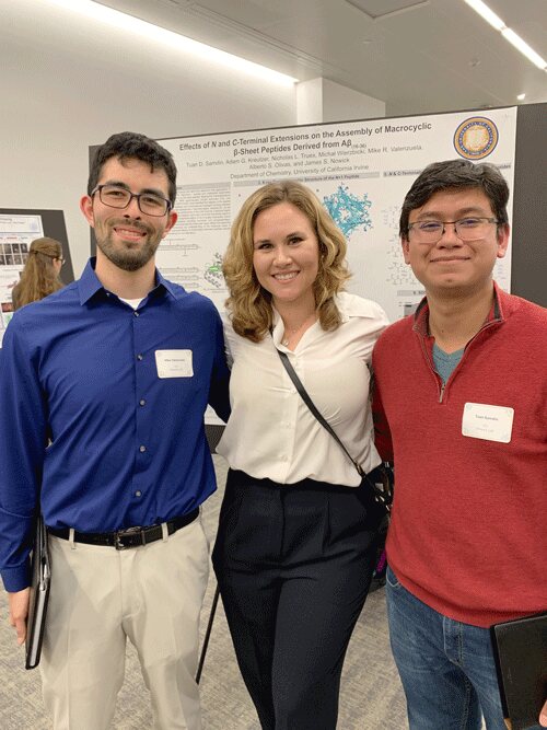Mike V., Emily, and Tuan (from left to right) presenting our research at the GreAter Los Angeles (GALA) of Chemical Biology at USC.