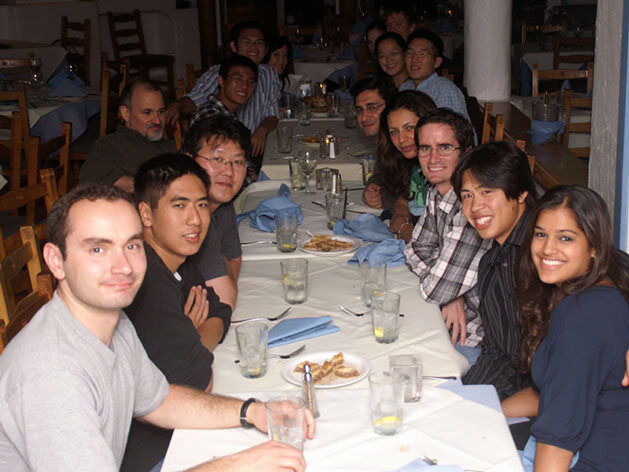 Group Dinner at the Aegean Cafe Around the table from left (group members, only): Serge, Long, Sang, Chun, Pin-Nan, Aaron, Omid, Jeremy, Mike